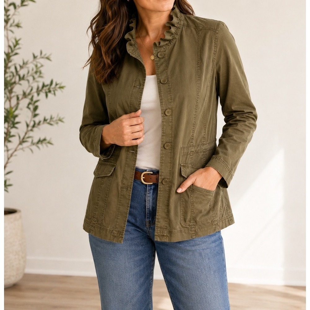 Eileen Fisher Utility Jacket L Olive Brown Ruffle Collar Stretch Cotton